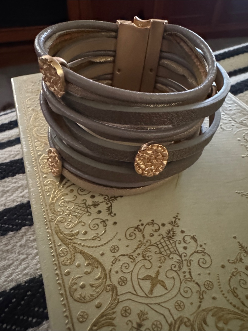 Multi-Row Taupe Leather and Gold Accent Bracelet